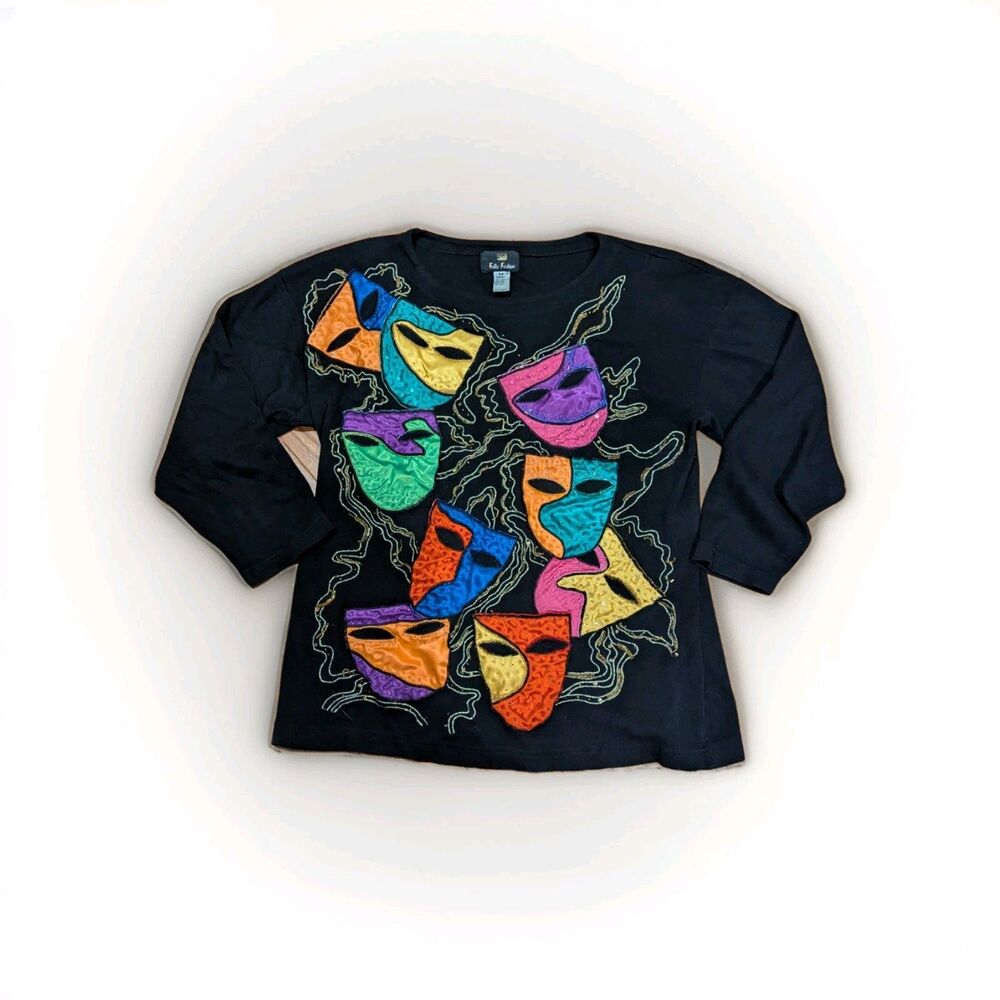 Vintage Granny Black Cotton Sweatshirt With Colorful‎ Masks Eclectic Artsy